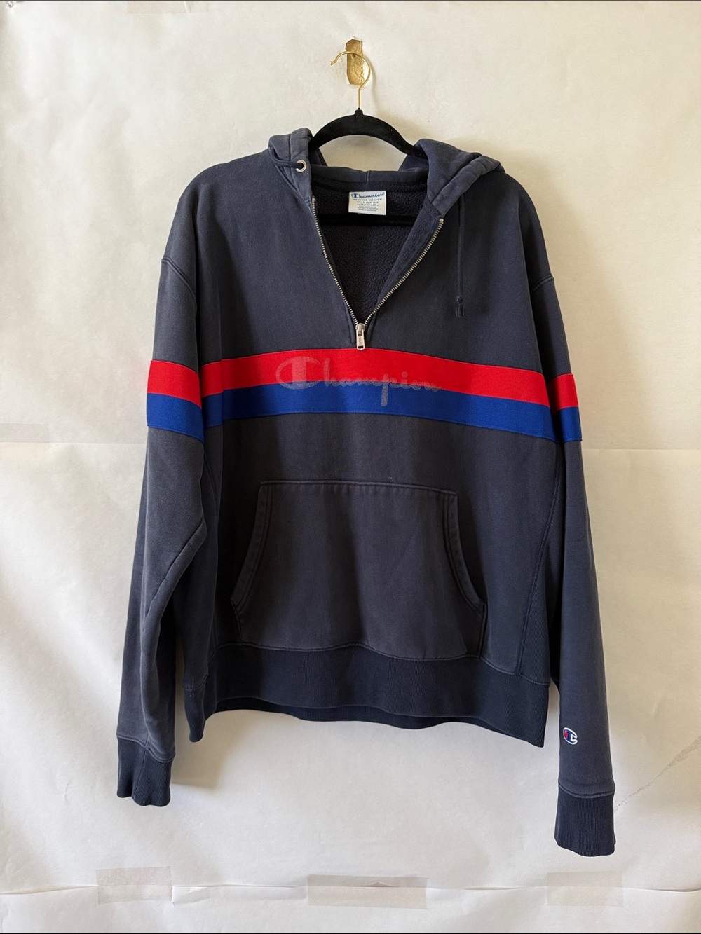 Champion Reverse Weave Hoodie Men Size XL Navy 1/4 Zip Stripe Blokecore READ